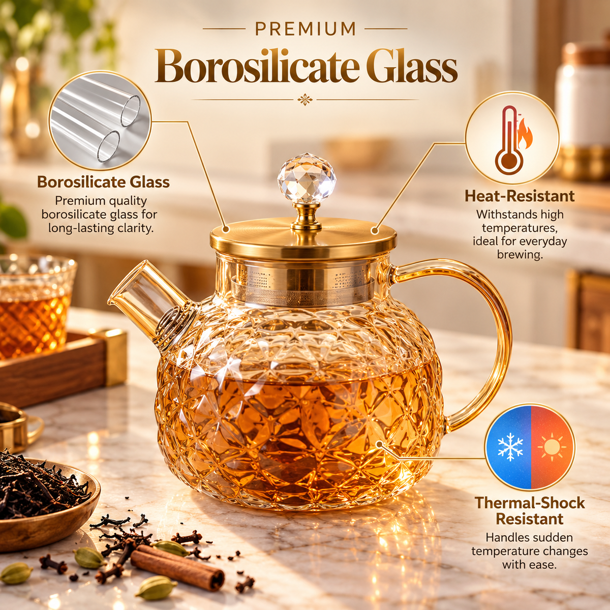 Crystal Luxe Borosilicate Glass Tea Pot – Premium Tea Serving Pot
