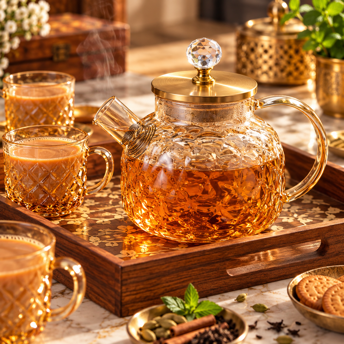 Crystal Luxe Borosilicate Glass Tea Pot – Premium Tea Serving Pot